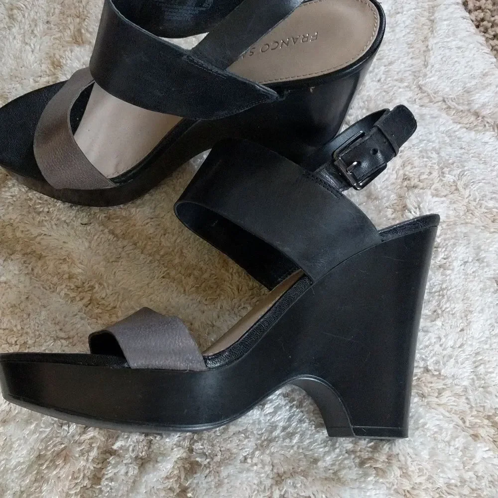Franco Sarto Silver and Black Leather Platform Sandals